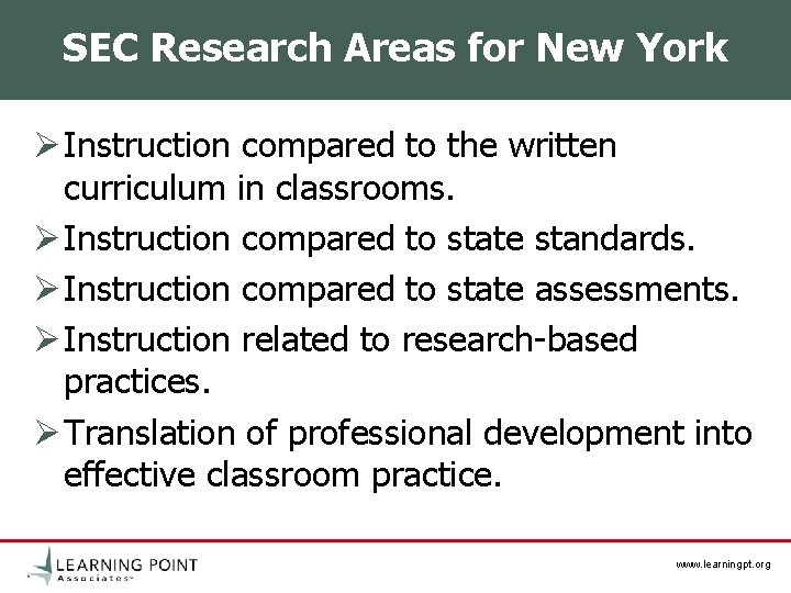 SEC Research Areas for New York Ø Instruction compared to the written curriculum in SEC Research Areas for New York Ø Instruction compared to the written curriculum in