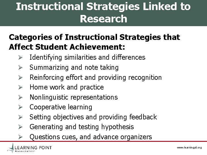 Instructional Strategies Linked to Research Categories of Instructional Strategies that Affect Student Achievement: Ø Instructional Strategies Linked to Research Categories of Instructional Strategies that Affect Student Achievement: Ø