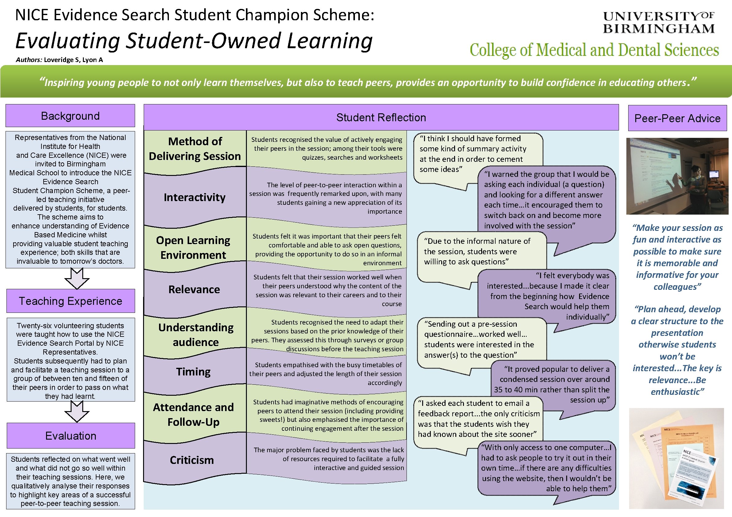 NICE Evidence Search Student Champion Scheme: Evaluating Student-Owned Learning Authors: Loveridge S, Lyon A