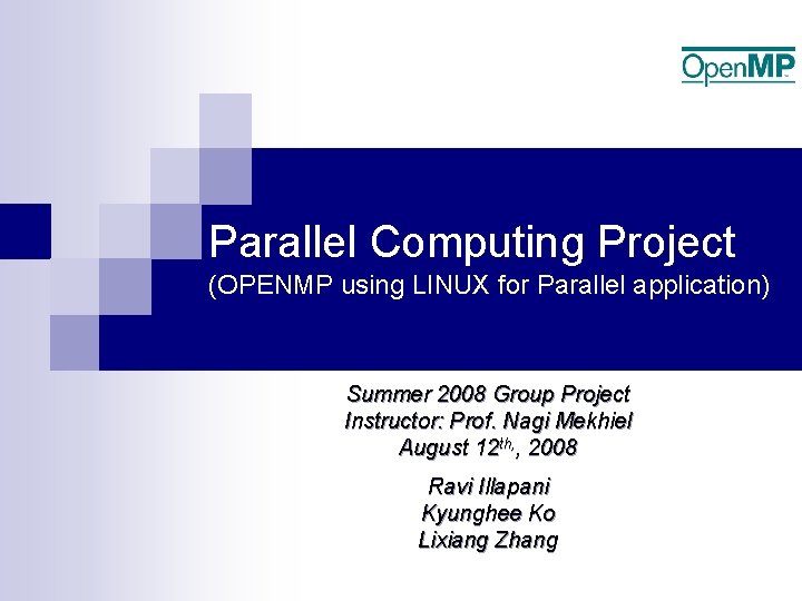 Parallel Computing Project (OPENMP using LINUX for Parallel application) Summer 2008 Group Project Instructor: