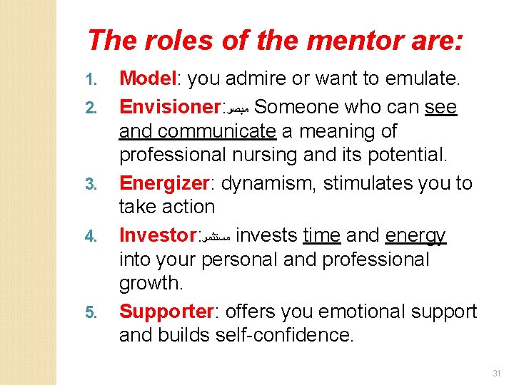 The roles of the mentor are: 1. 2. 3. 4. 5. Model: you admire