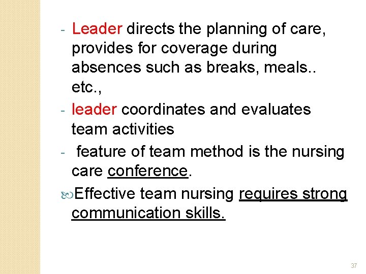 Leader directs the planning of care, provides for coverage during absences such as breaks,