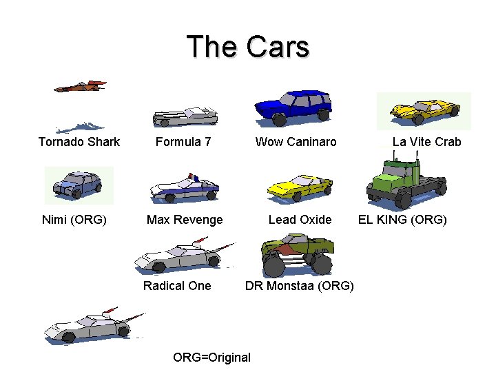 The Cars Tornado Shark Nimi (ORG) Formula 7 Wow Caninaro Max Revenge Radical One