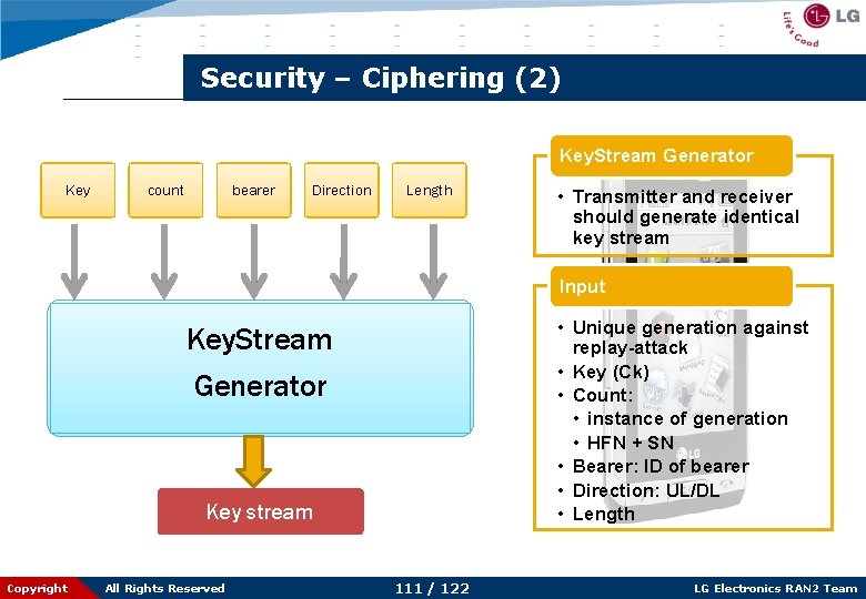 Security – Ciphering (2) Key. Stream Generator Key count bearer Direction Length • Transmitter