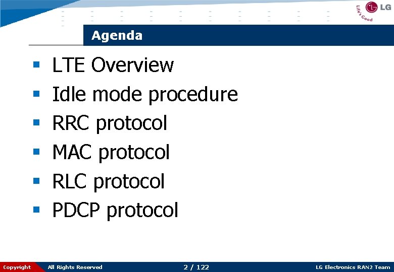 Agenda § § § Copyright LTE Overview Idle mode procedure RRC protocol MAC protocol