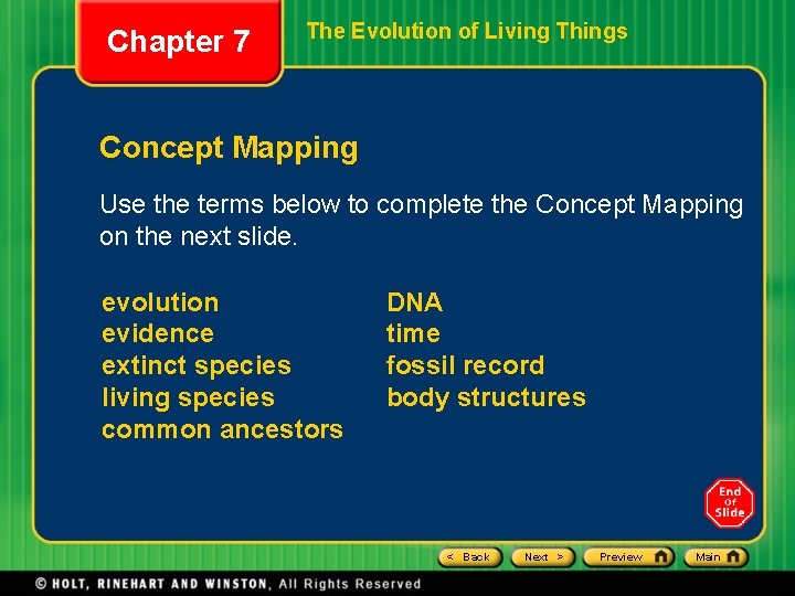 Chapter 7 The Evolution of Living Things Concept Mapping Use the terms below to