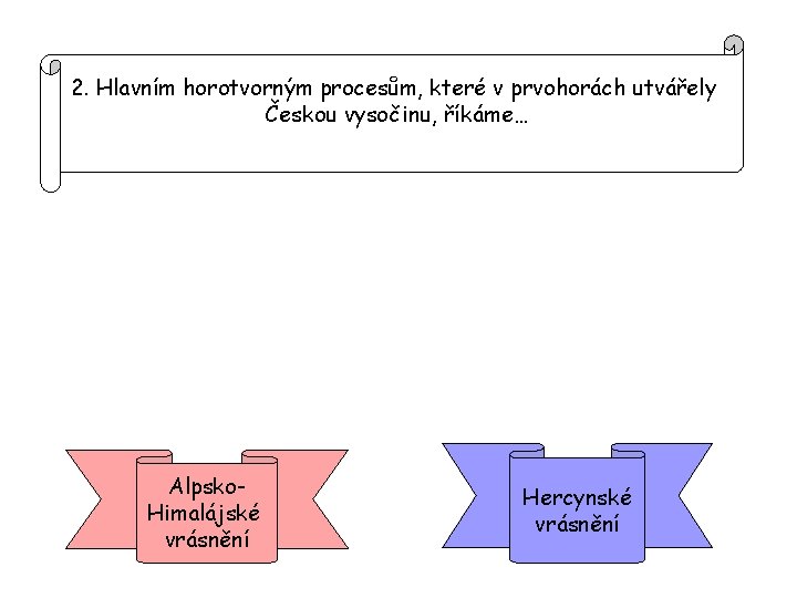 2. Hlavním horotvorným procesům, které v prvohorách utvářely Českou vysočinu, říkáme… Alpsko. Himalájské vrásnění