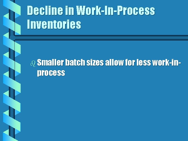 Decline in Work-In-Process Inventories b Smaller batch sizes allow for less work-in- process 