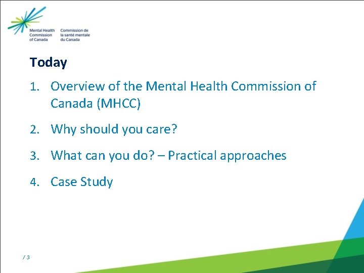 Today 1. Overview of the Mental Health Commission of Canada (MHCC) 2. Why should