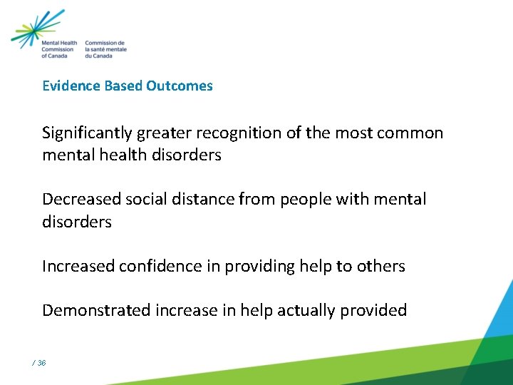 Evidence Based Outcomes Significantly greater recognition of the most common mental health disorders Decreased