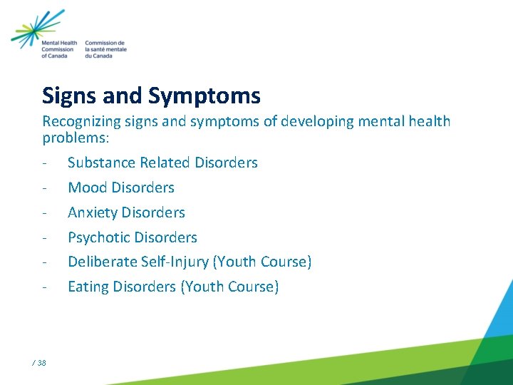 Signs and Symptoms Recognizing signs and symptoms of developing mental health problems: - Substance