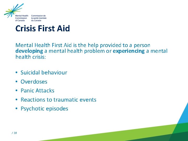 Crisis First Aid Mental Health First Aid is the help provided to a person