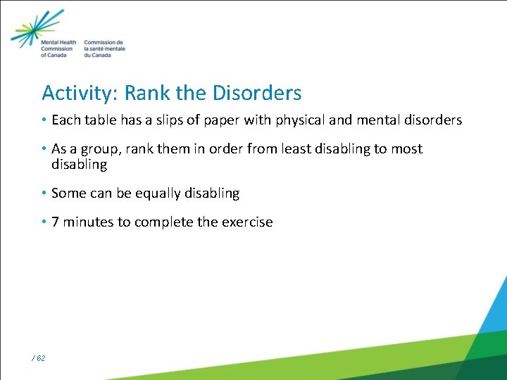 Activity: Rank the Disorders • Each table has a slips of paper with physical