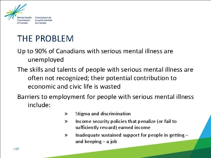 THE PROBLEM Up to 90% of Canadians with serious mental illness are unemployed The