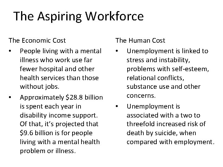 The Aspiring Workforce The Economic Cost • People living with a mental illness who