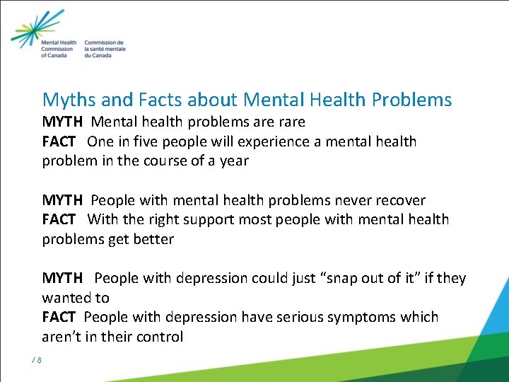 Myths and Facts about Mental Health Problems MYTH Mental health problems are rare FACT