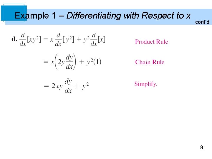 Example 1 – Differentiating with Respect to x cont’d 8 