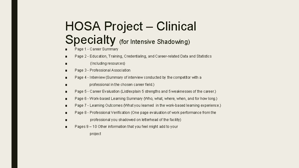 HOSA Project – Clinical Specialty (for Intensive Shadowing) ■ Page 1 - Career Summary