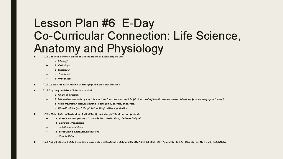 Lesson Plan #6 E-Day Co-Curricular Connection: Life Science, Anatomy and Physiology ■ 1. 21