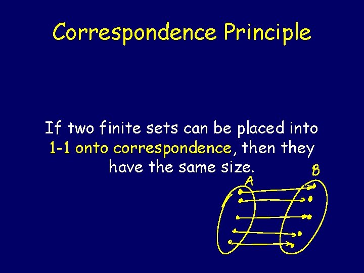 Correspondence Principle If two finite sets can be placed into 1 -1 onto correspondence,