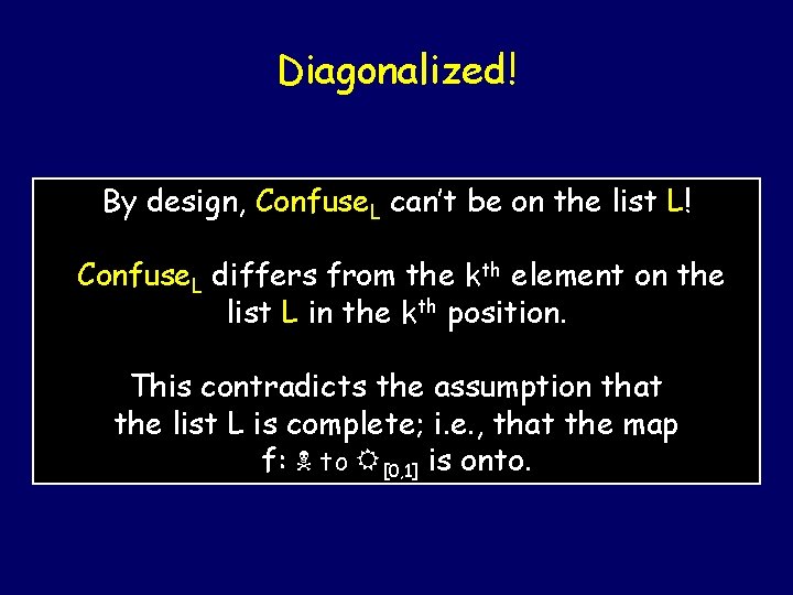 Diagonalized! By design, Confuse. L can’t be on the list L! Confuse. L differs
