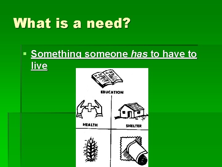 What is a need? § Something someone has to have to live 