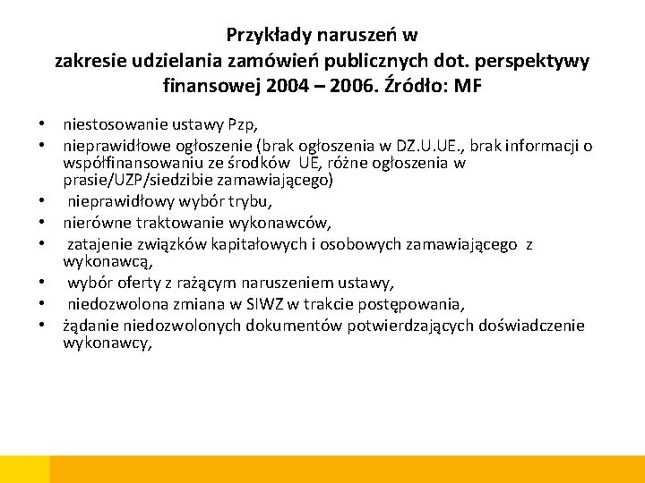 Przykłady naruszeń w zakresie udzielania zamówień publicznych dot. perspektywy finansowej 2004 – 2006. Źródło: