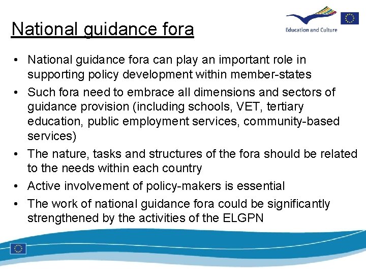 National guidance fora • National guidance fora can play an important role in supporting