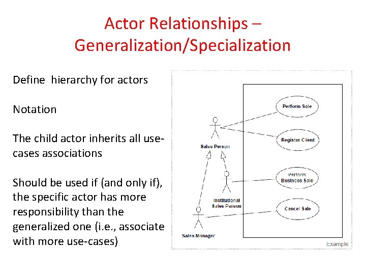 Actor Relationships – Generalization/Specialization Define hierarchy for actors Notation The child actor inherits all