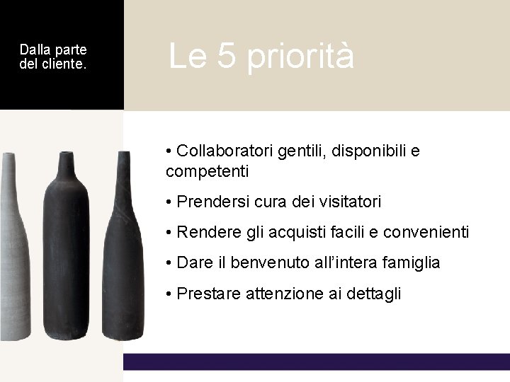 Dalla parte del cliente. Le 5 priorità • Collaboratori gentili, disponibili e competenti • Dalla parte del cliente. Le 5 priorità • Collaboratori gentili, disponibili e competenti •