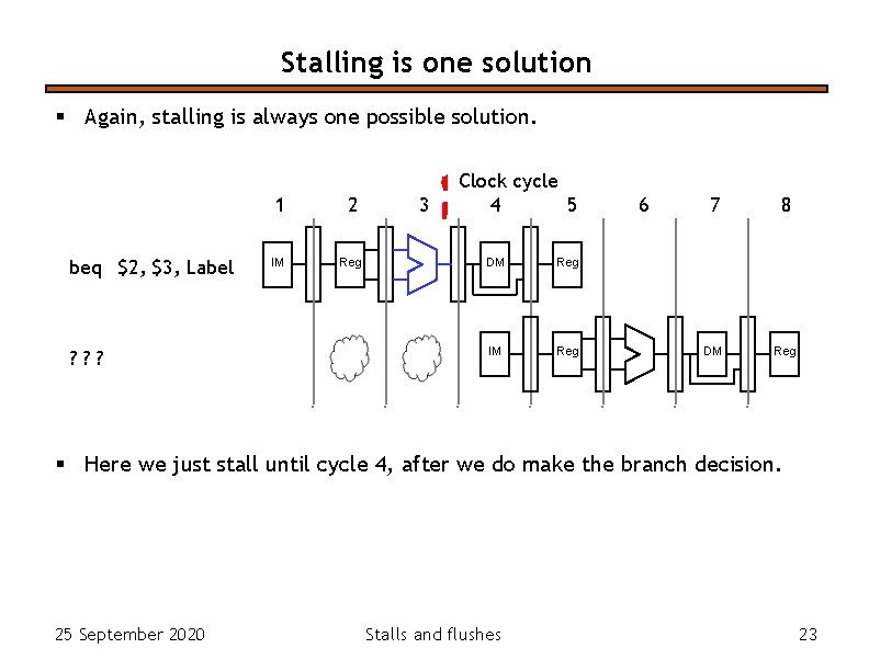 Stalling is one solution § Again, stalling is always one possible solution. beq $2, Stalling is one solution § Again, stalling is always one possible solution. beq $2,