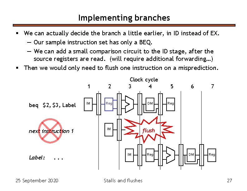 Implementing branches § We can actually decide the branch a little earlier, in ID Implementing branches § We can actually decide the branch a little earlier, in ID
