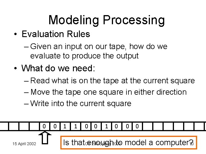 Modeling Processing • Evaluation Rules – Given an input on our tape, how do