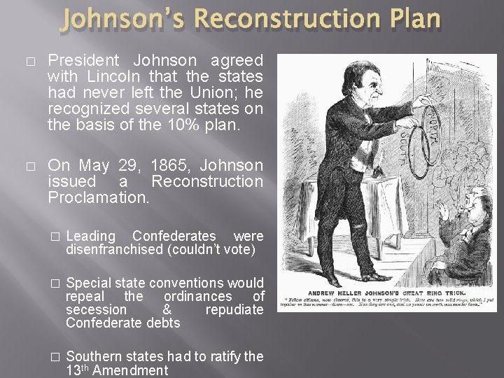 Johnson’s Reconstruction Plan � President Johnson agreed with Lincoln that the states had never