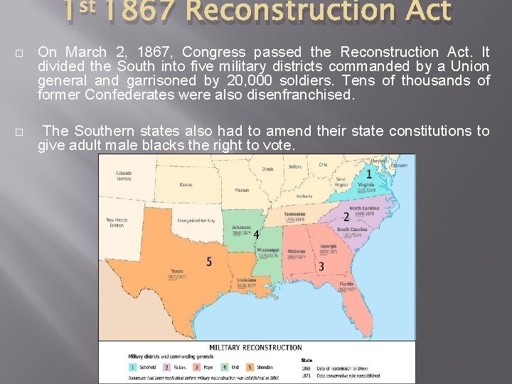 1 st 1867 Reconstruction Act � On March 2, 1867, Congress passed the Reconstruction