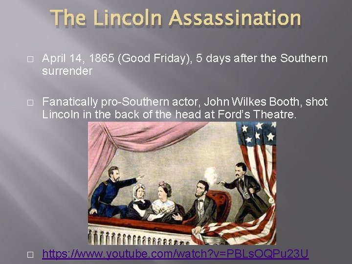 The Lincoln Assassination � April 14, 1865 (Good Friday), 5 days after the Southern