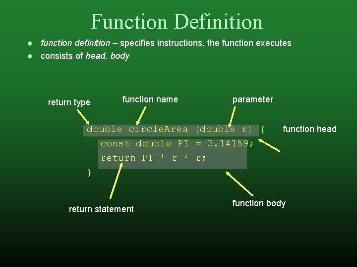 Function Definition function definition – specifies instructions, the function executes consists of head, body