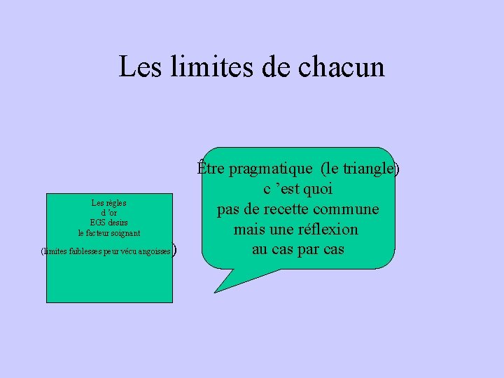 Les limites de chacun Les règles d ’or EGS desirs le facteur soignant (limites Les limites de chacun Les règles d ’or EGS desirs le facteur soignant (limites