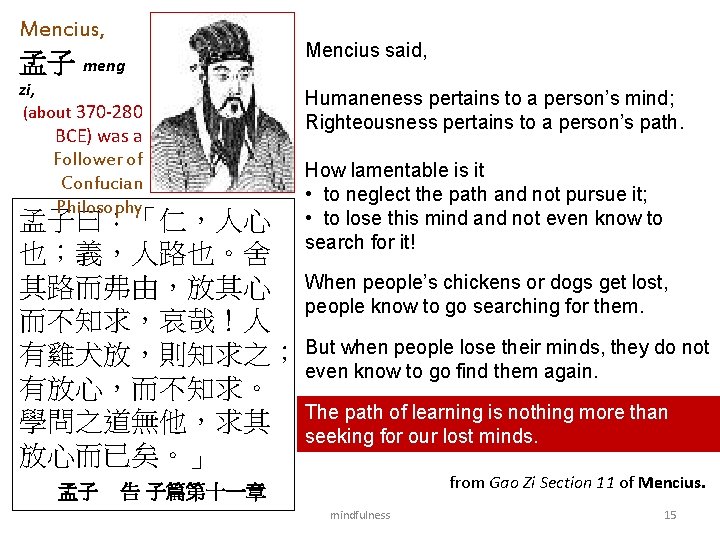 Mencius, 孟子 meng zi, (about 370 -280 BCE) was a Follower of Confucian Philosophy