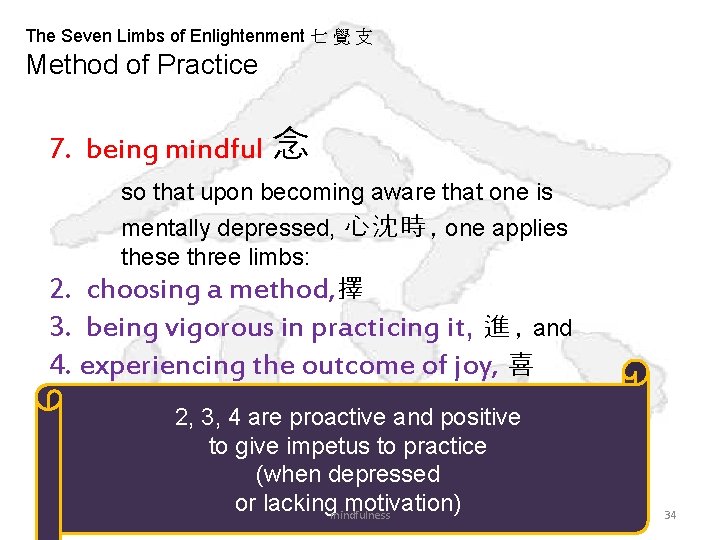 The Seven Limbs of Enlightenment 七 覺 支 Method of Practice 7. being mindful