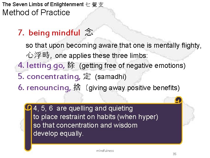 The Seven Limbs of Enlightenment 七 覺 支 Method of Practice 7. being mindful