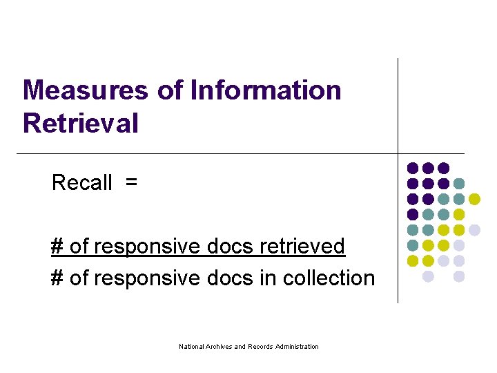 Measures of Information Retrieval Recall = # of responsive docs retrieved # of responsive