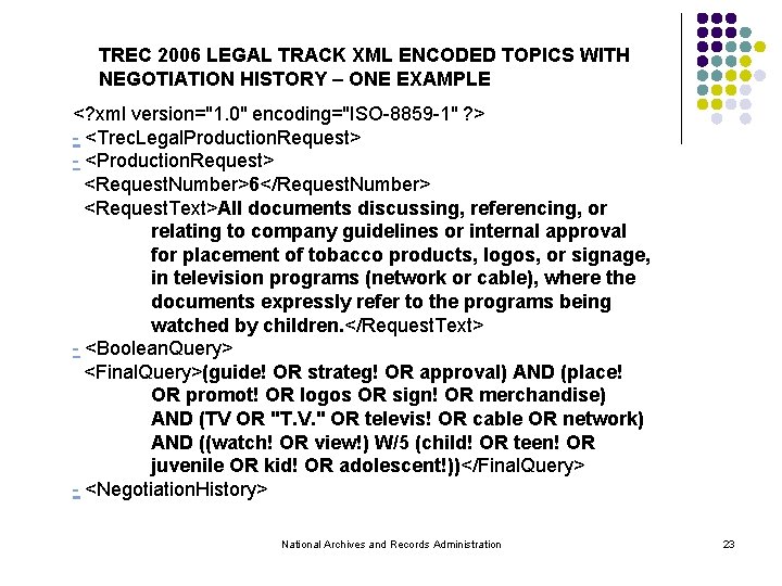 TREC 2006 LEGAL TRACK XML ENCODED TOPICS WITH NEGOTIATION HISTORY – ONE EXAMPLE <?