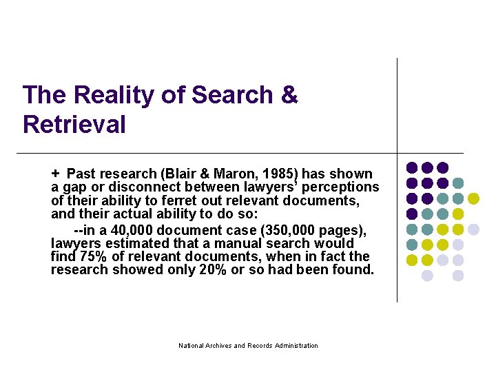 The Reality of Search & Retrieval + Past research (Blair & Maron, 1985) has