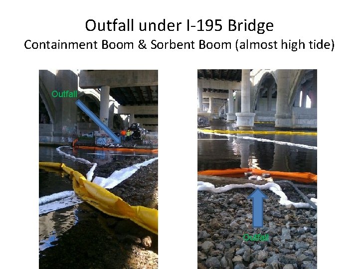 Outfall under I-195 Bridge Containment Boom & Sorbent Boom (almost high tide) Outfall 