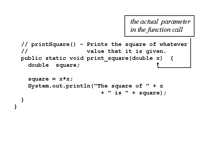 the actual parameter in the function call // print. Square() - Prints the square