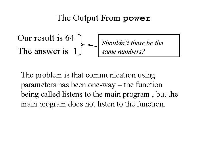 The Output From power Our result is 64 The answer is 1 Shouldn’t these