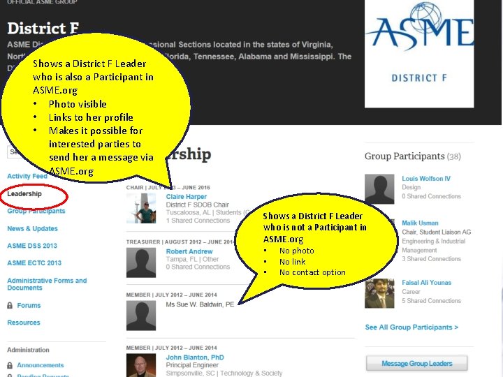 Shows a District F Leader who is also a Participant in ASME. org • Shows a District F Leader who is also a Participant in ASME. org •