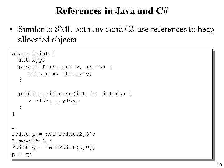 References in Java and C# • Similar to SML both Java and C# use