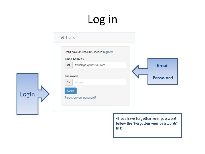 Log in Email Password Login • If you have forgotten your password follow the